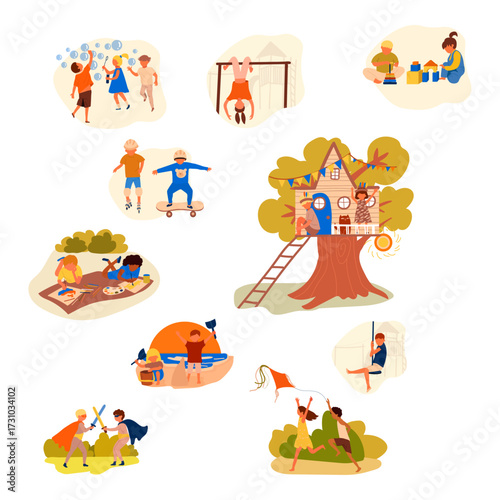 Children playing in a park with toys, a treehouse and outdoor activities on a sunny day