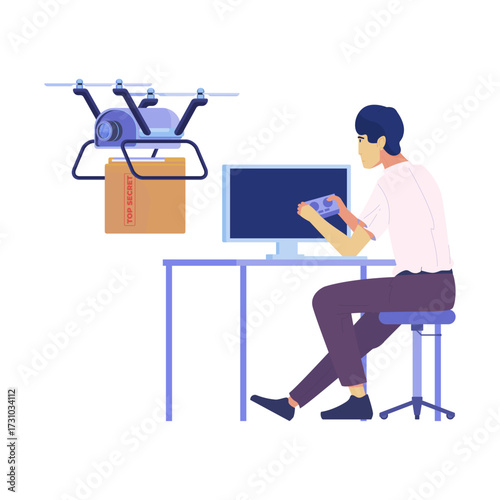 Man operating a drone for package delivery while sitting at a computer desk