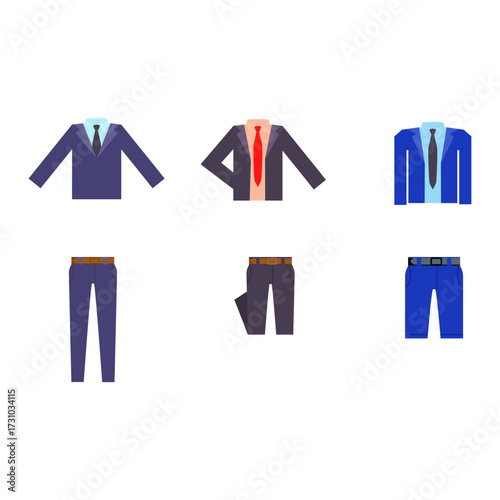 Set of flat design business attire for men suits with ties and trousers in various colors