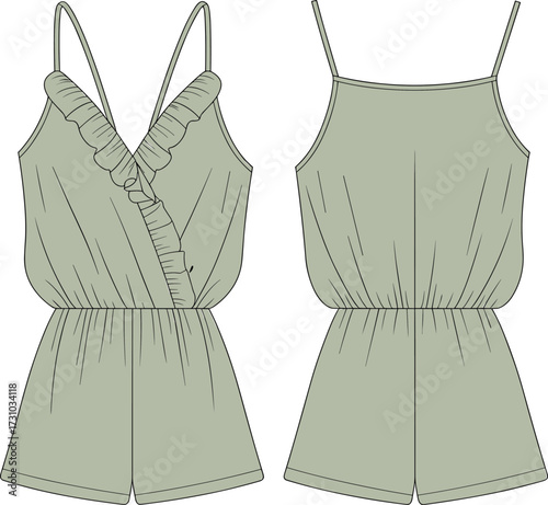 Flat vector illustration of women’s romper with ruffle wrap front, sleeveless spaghetti straps, elastic waist and casual summer style design