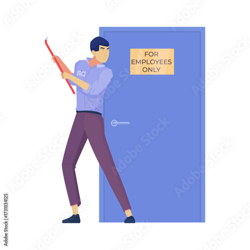 Man in blue shirt and purple pants uses crowbar to pry open a blue door labeled 'For Employees Only'