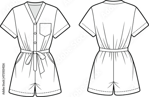 Flat vector illustration of women’s short sleeve romper with waist tie and pockets, front and back view, CAD fashion drawing