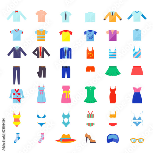 Collection of colorful casual and formal apparel and accessories for men, women, and children displayed on a white background