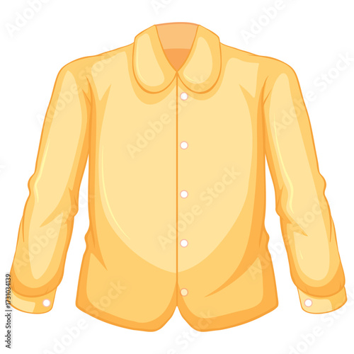 A simple yellow long-sleeved button-up shirt with a round collar and button detailing on the front