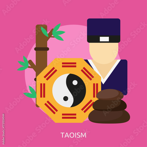 Taoism, Yin and Yang symbol, stones, and bamboo represent ancient Chinese philosophy and spiritual practices