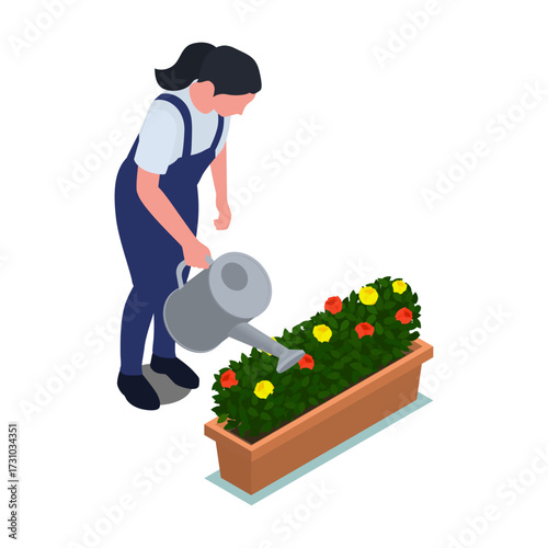 Gardener watering a planter box filled with colorful flowers, promoting a sense of growth and care for nature