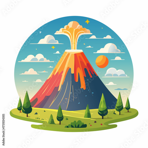 Illustrative Volcano Eruption Landscape with Orange Lava and Lush Greenery Under Sunny Blue Sky