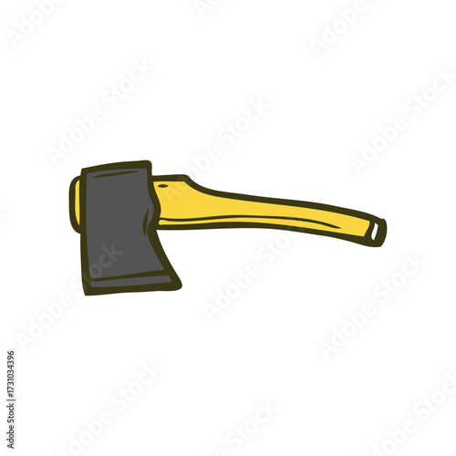 Hand-drawn illustration of a wood chopping axe with a yellow handle and grey metal head on a white background