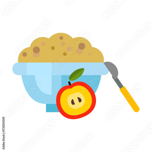 Healthy breakfast bowl with oatmeal and fresh apple slices and spoon, simple illustration
