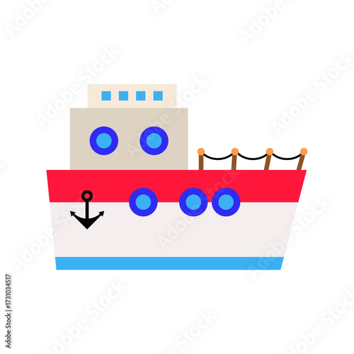 A stylized illustration of a passenger ship with a red, white, and blue hull and blue windows