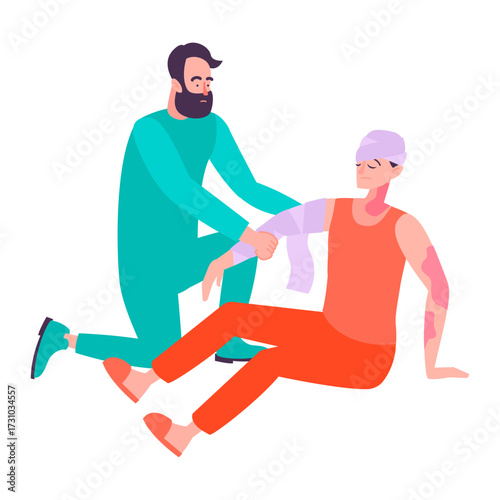 First Aid Assistance Medic Provides Urgent Care and Bandages Injured Patient's Arm
