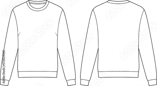 Flat vector technical sketch of basic crewneck sweatshirt with long sleeves, ribbed cuffs, waistband, clean lines, unisex style, and casual fit