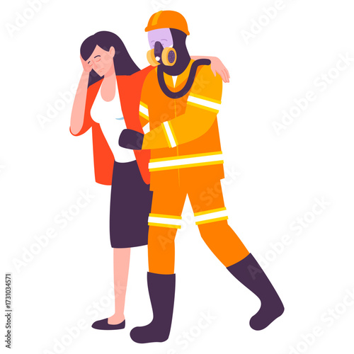 Paramedic assisting an injured woman to safety in a hazardous environment