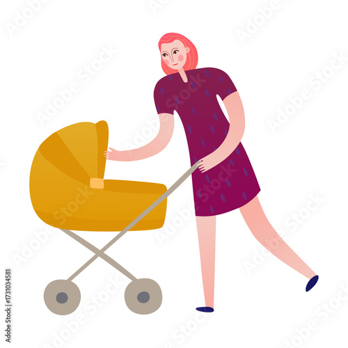 Young woman pushing a baby stroller in a dress, illustration