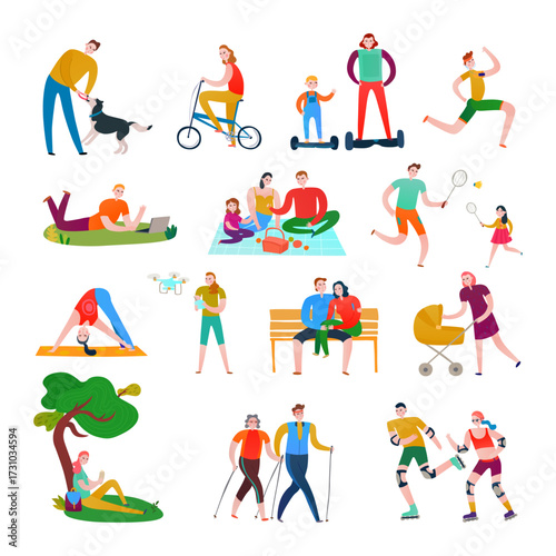 Active people enjoying diverse outdoor recreational activities and hobbies with family and friends