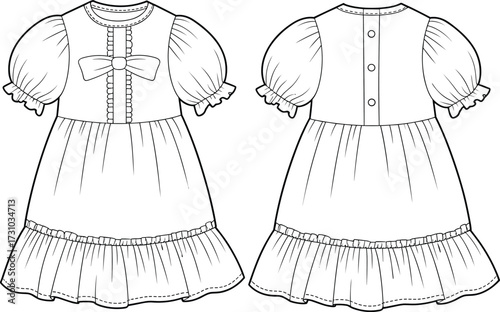 Girl dress technical sketch, puff sleeve flat design, front back baby outfit, bow detail, ruffle hem, cad fashion vector