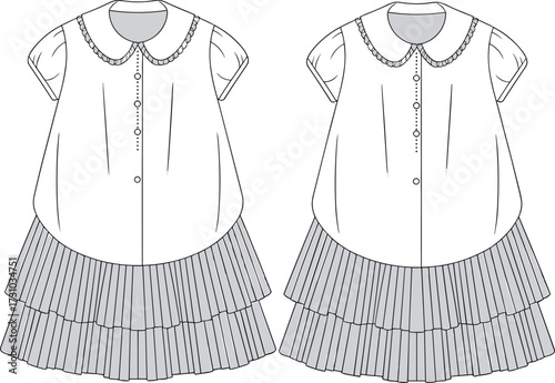 Girl’s pleated dress CAD flat sketch with puff sleeves, peter pan collar, layered skirt, front and back technical vector illustration