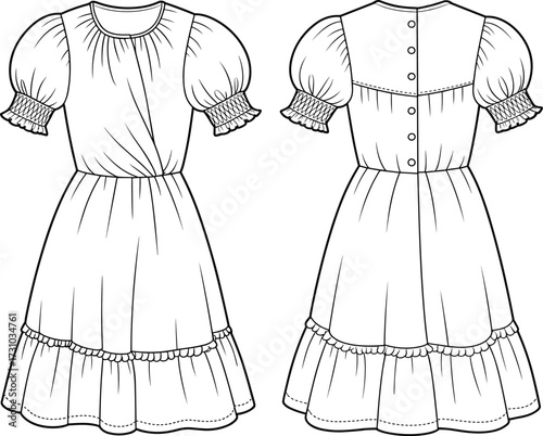 Girl puff sleeve dress cad drawing flat vector illustration, cute frill frock front and back technical fashion sketch template