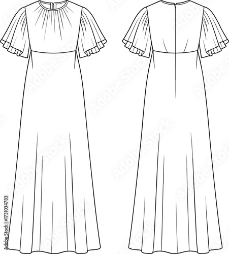 Flutter sleeve maxi dress fashion cad drawing, elegant gown flat sketch, technical vector illustration, front and back view design