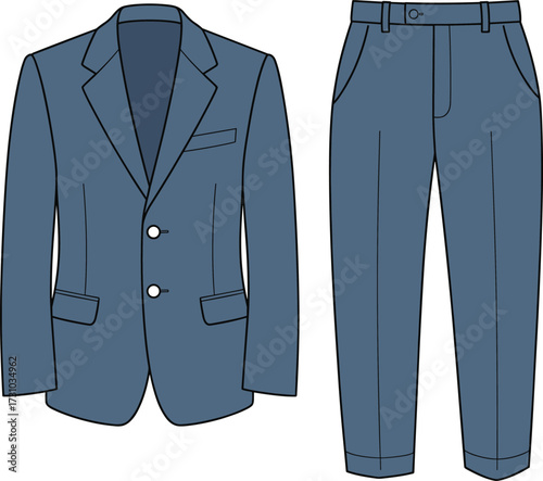 Formal men’s suit cad drawing flat vector illustration, stylish blazer and trousers fashion technical sketch, digital clothing template design