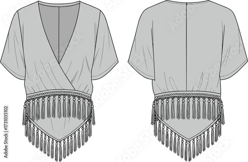 Fringe tassel crop top flat sketch, fashion technical illustration, short sleeve wrap blouse vector drawing, front back cad template