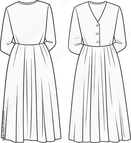 Front and back CAD sketch of pleated long sleeve V-neck midi dress with buttons, flat fashion technical vector illustration