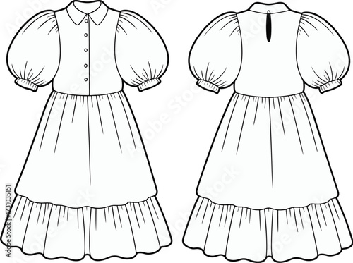 Front and back CAD fashion sketch of tiered puff sleeve midi dress with collar, button-up bodice, elegant vector illustration