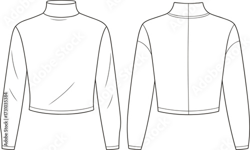 Front and back technical flat sketch of long sleeve mock neck top, cropped fit, minimal seams, fashion cad drawing vector