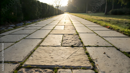 A sunlit pathway of rectangular paving stones stretches into the distance, arranged in clean, orderly lines with subtle variations in tone and texture