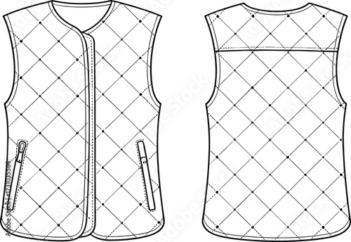 Front and back view quilted vest flat sketch with zipper pockets, sleeveless outerwear fashion CAD vector illustration for design