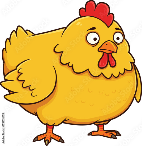 Funny cartoon chicken, yellow hen illustration, farm animal character, cute poultry mascot, plump bird design, surprised chicken vector, children farm art, agriculture clipart