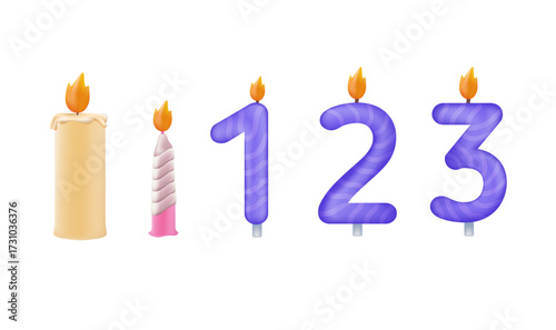Candle 3D vector icon set. Candles flaming 3D icons. The birthday candles in the form of numbers 1, 2 and 3 icon