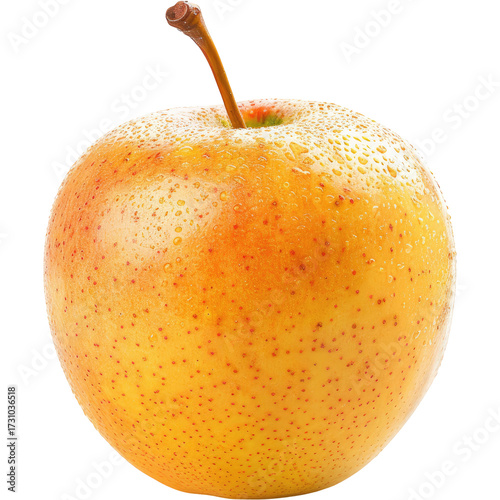 Close-up of a pale yellow apple with a stem. Isolated on White Background and Transparent PNG.