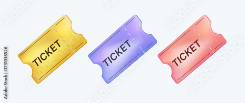Tickets 3D render vector icon set, Convert, Movie and Festival ticket symbol, Isolated on background, Entertainment