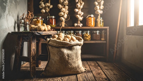 Potatoes in Burlap Sack Rustic Kitchen Pantry Storage Concept