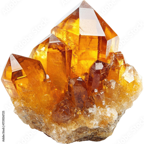 Cluster of lustrous, golden-amber crystals. Isolated on White Background and Transparent PNG.