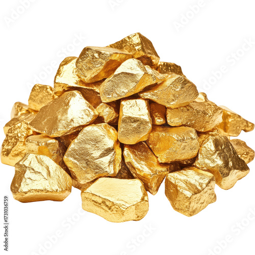 Pile of raw gold nuggets. Rough, irregular, golden rocks. Rich, lustrous, precious metal. Isolated on White Background and Transparent PNG.