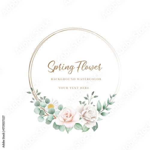 Watercolor flowers rose wreath with golden circle