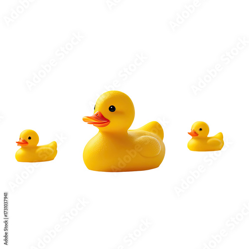 Trio of yellow rubber ducks, one large with two small ducklings