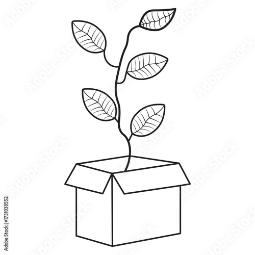 Hand-drawn plant sprouts from a gift box, symbolizing growth, eco-consciousness, and new beginnings