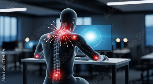 Human showing back and neck pain while using computer