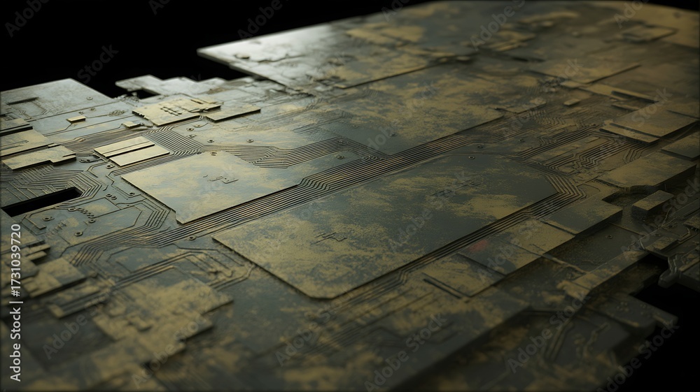 Naklejka premium Close-up of a textured metallic surface with intricate circuit board patterns and weathered details technology