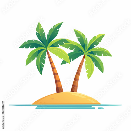 Tropical Island Scene Featuring Two Palm Trees On Sandy Land Surrounded By Blue Waters Vector Illustration