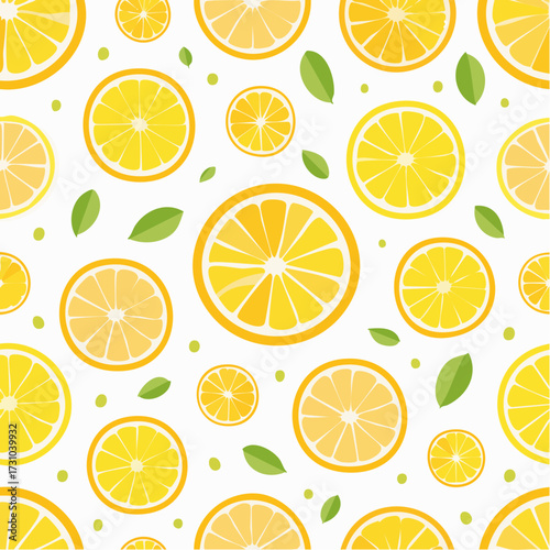 Seamless Pattern of Yellow Lemon Slices and Green Leaves on White Background
