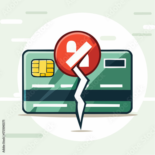 Cracked Credit Card Icon with Forbidden Sign on Light Green Background Illustrative Digital Design