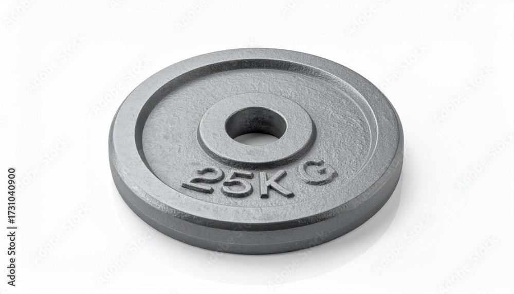 Obraz premium A single, circular, 25kg weight plate, made of metal and designed for weightlifting and fitness training