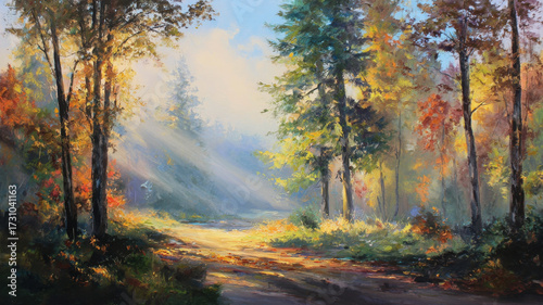 Painting of a beautiful hazy autumn landscape. Trees in fall colors.