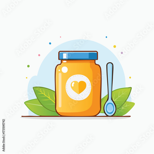 Healthy Baby Food Jar with Heart Symbol Spoon and Green Leaves on White Background