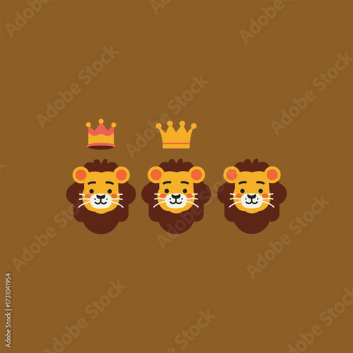 Royal lion trio pattern. Three crowned lion heads on brown tile, regal, emblem, repeat pattern.