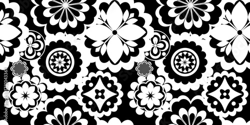 Black white seamless background with flowers .
Abstract, repeating regular pattern for print .
Graphic design with regular shapes.